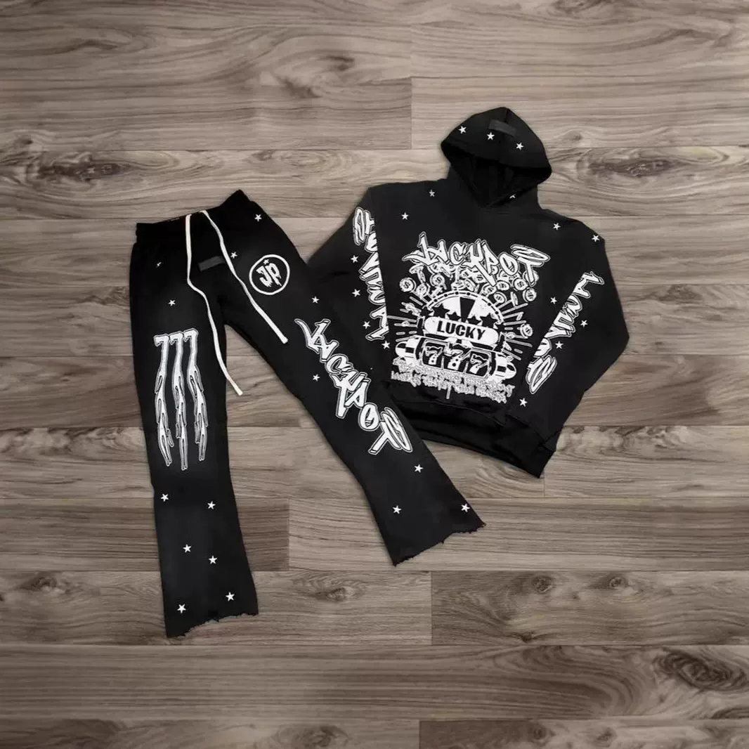 2025春秋季外贸潮牌新款男士高街潮流3d数码印花连帽卫衣卫裤套装