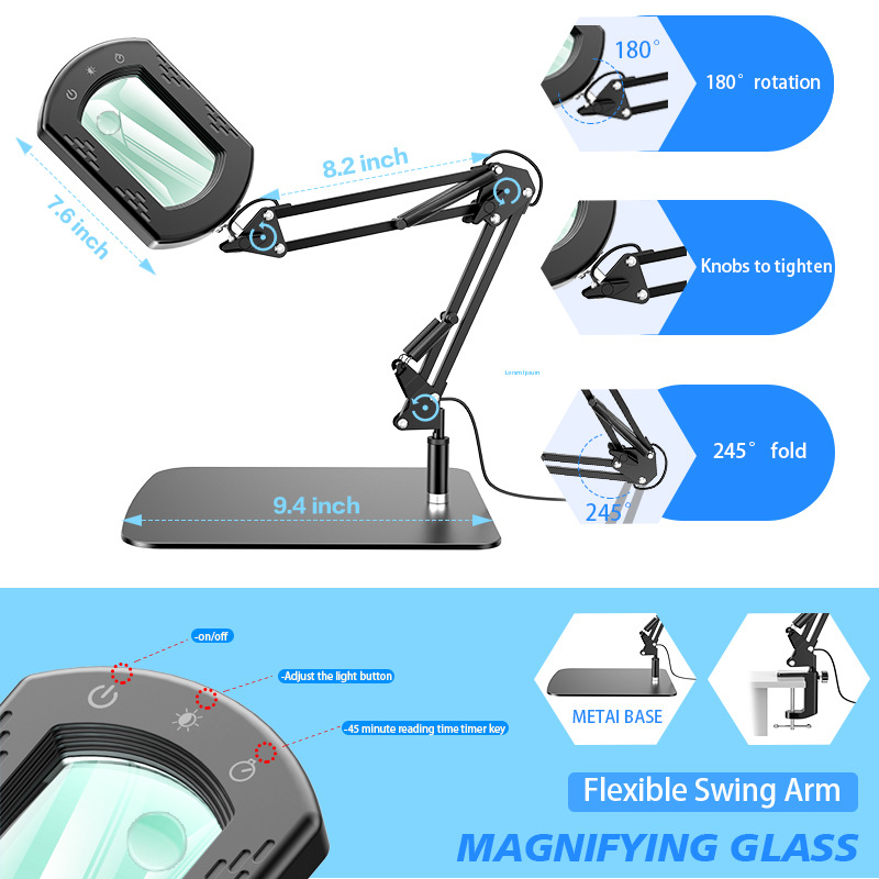 Lámpara de Mesa LED Plegable con Lupa USB de Plástico, Control Táctil y Protección Ocular, para Manicura y Lectura