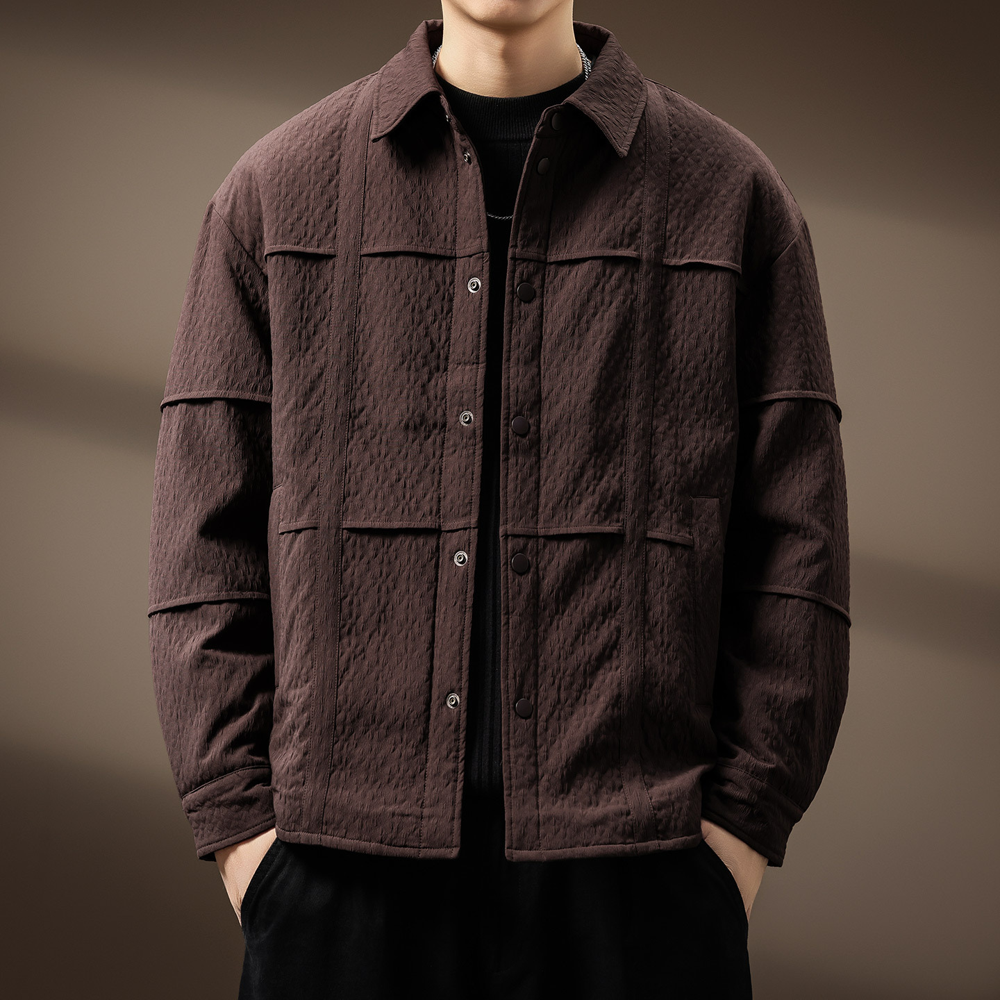 高端法式提花皱感衬衫式轻薄羽绒服男秋冬新款通勤肌理感保暖外套