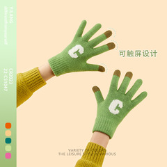 Insキャンディー色文字c秋冬厚手手袋卸売り女子冬韓版学生かわいいニット保温自転車