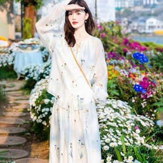 白色刺绣连衣裙绝美度假风小个子穿搭两件套装长裙新中式连衣裙女