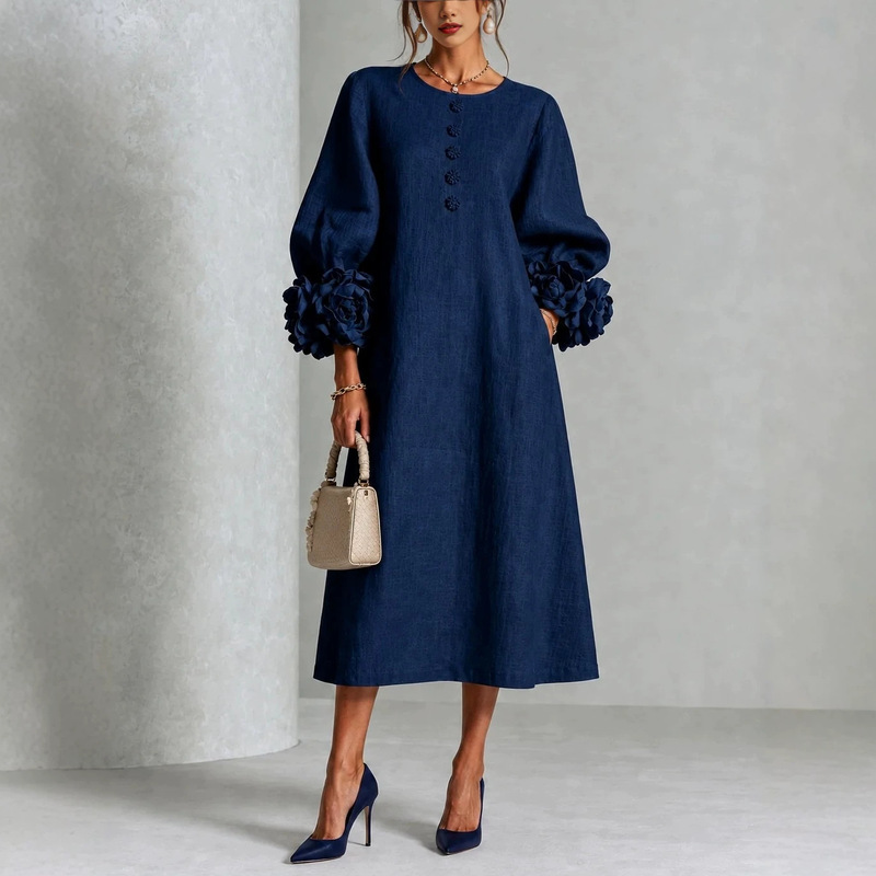 2026 European and American women's fashion round-neck dress with three-dimensional floral details, lantern sleeves, textured fabric, loose fit, elegant mid-length straight dress