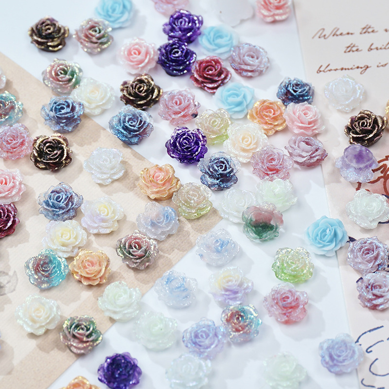 No hole fine flash soft glue flower light change rose flower single side carved diy handmade beaded nail art phone shell material