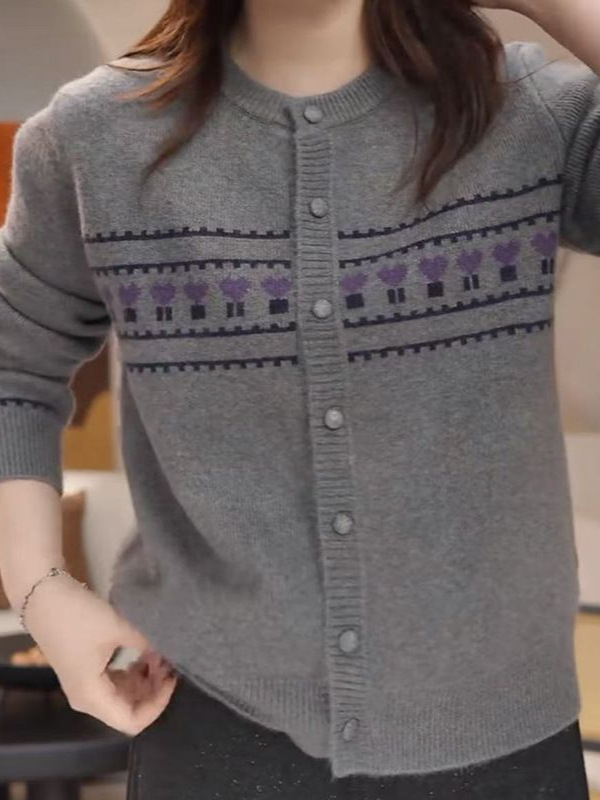 羊绒提花针织开衫女2025秋冬季复古撞色毛衣外套新款宽松软糯舒适|undefined