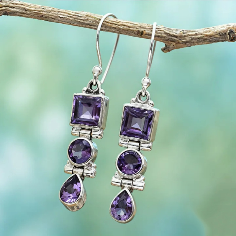 Medieval Style Amethyst Earrings European and American Retro Geometric Round Zircon Popular Jewelry Earrings for Women