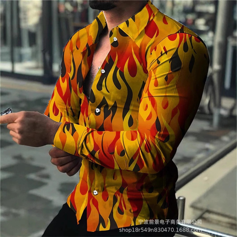 2025wish AliExpress 新しいメンズ 3D デジタルプリント長袖シャツ春メンズラペルスリムトップ|undefined