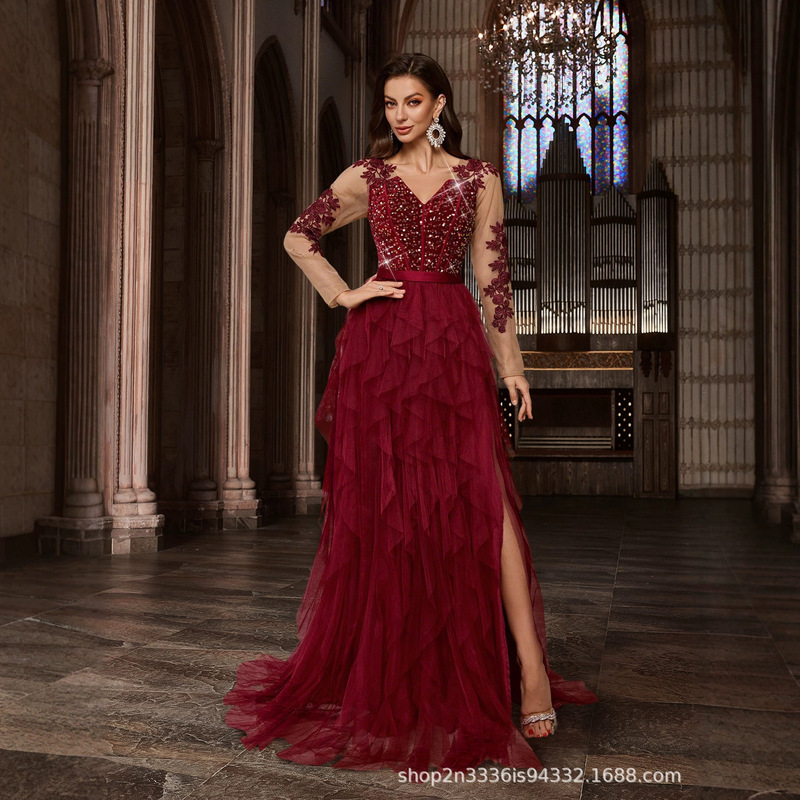Amazon Foreign Trade Strapless Slit V-Neck Ball Gown Layered Formal Evening Dress 3D Floral Bridesmaid Dress Amazon Foreign Trade Strapless Slit V-Neck Ball Gown Layered Formal Evening Dress 3D Floral Bridesmaid Dress