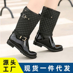 2017歐美式水鞋加棉女式格子時尚獵人雨靴包邊配飾保暖中筒雨鞋