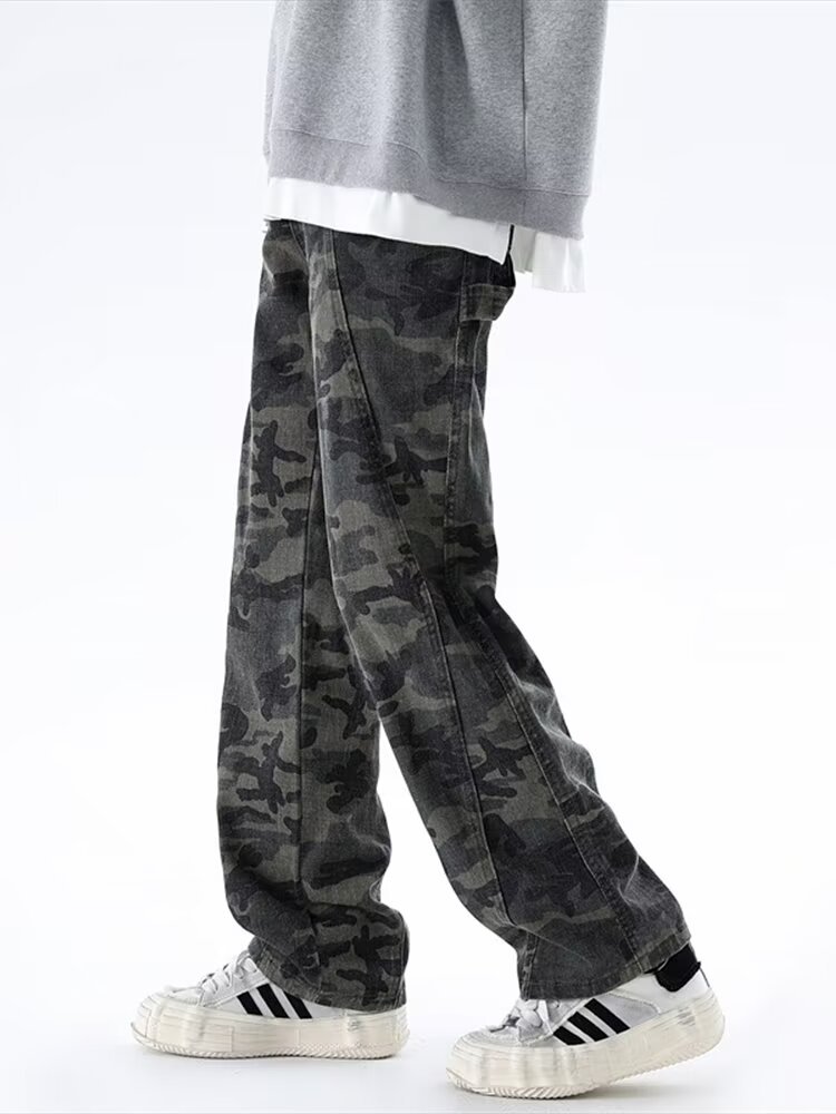 Monos de hip-hop de la calle americana, jeans de camuflaje retro de la marca de moda de la calle alta, pantalones rectos sueltos