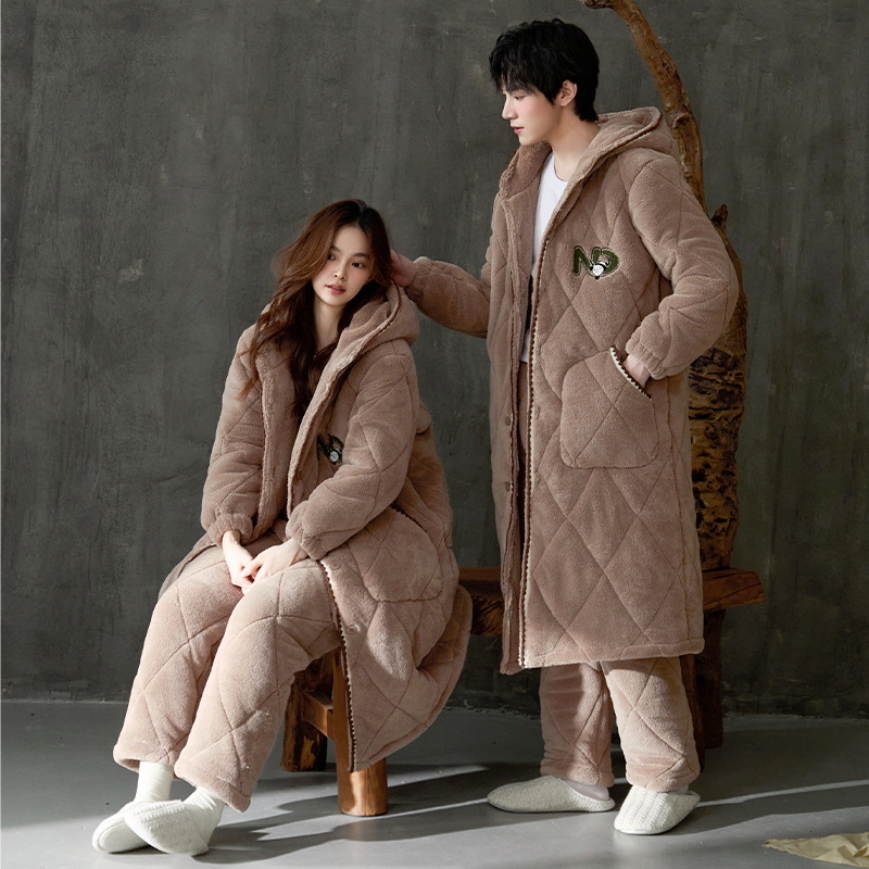 Super grueso chaqueta de algodón de tres capas, pijama de pareja de mujer, ropa de hogar de hombre, otoño y invierno, terciopelo de coral, calentamiento más grueso