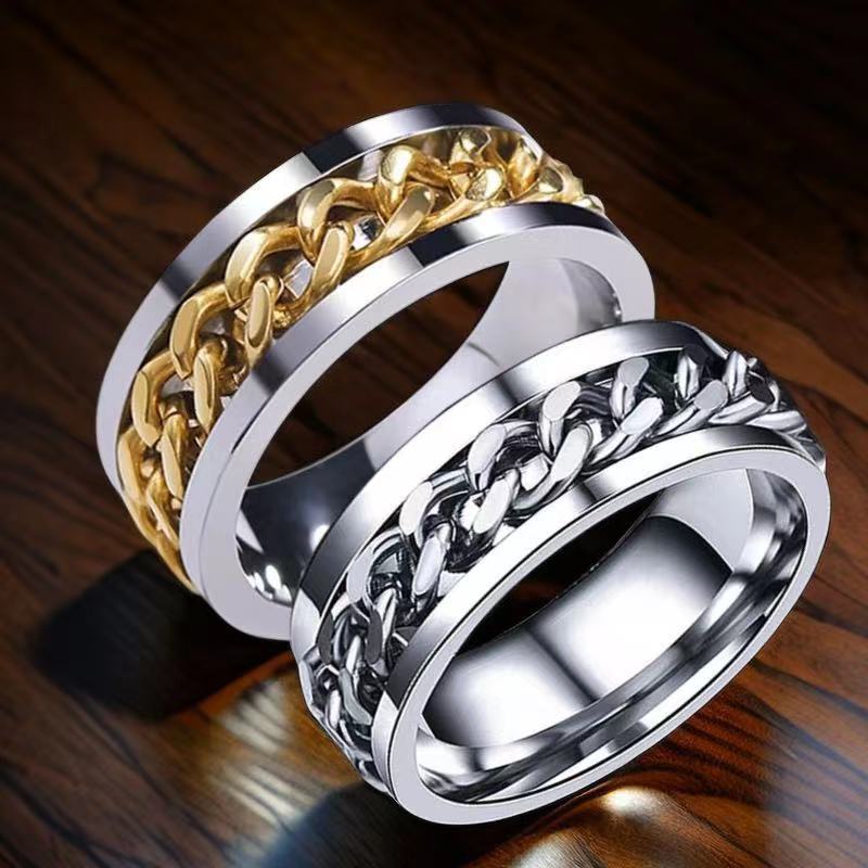 Stainless Steel Ring ins Style Chain Rotating Bottle Opening Men's Trendy Fashion Titanium Steel Rotating Non-fading Generation