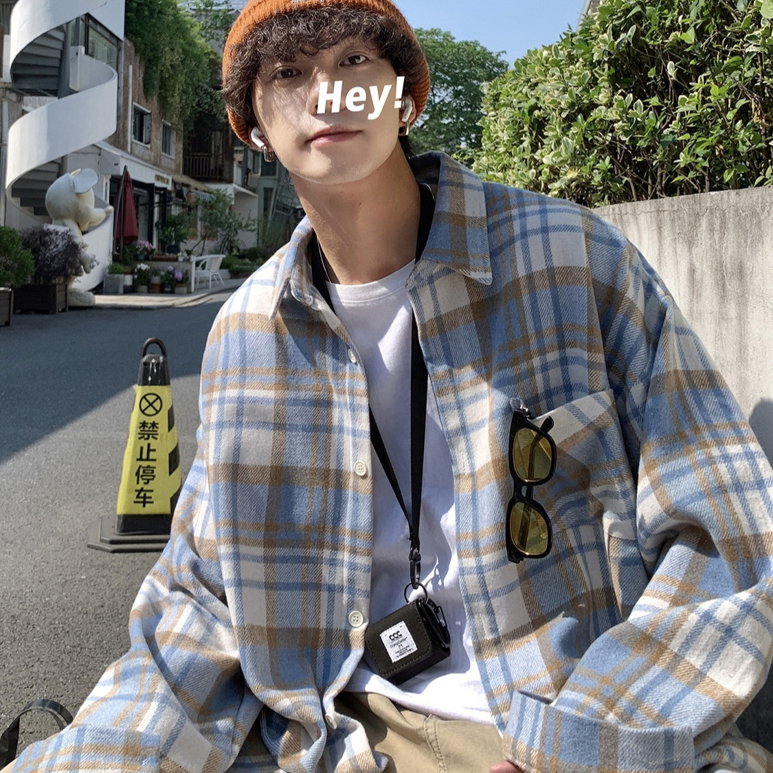 Camisa a cuadros de lana de alta gama para hombre Vintage suelto de manga larga ins Camisa de herramientas de marca de moda de alta gama