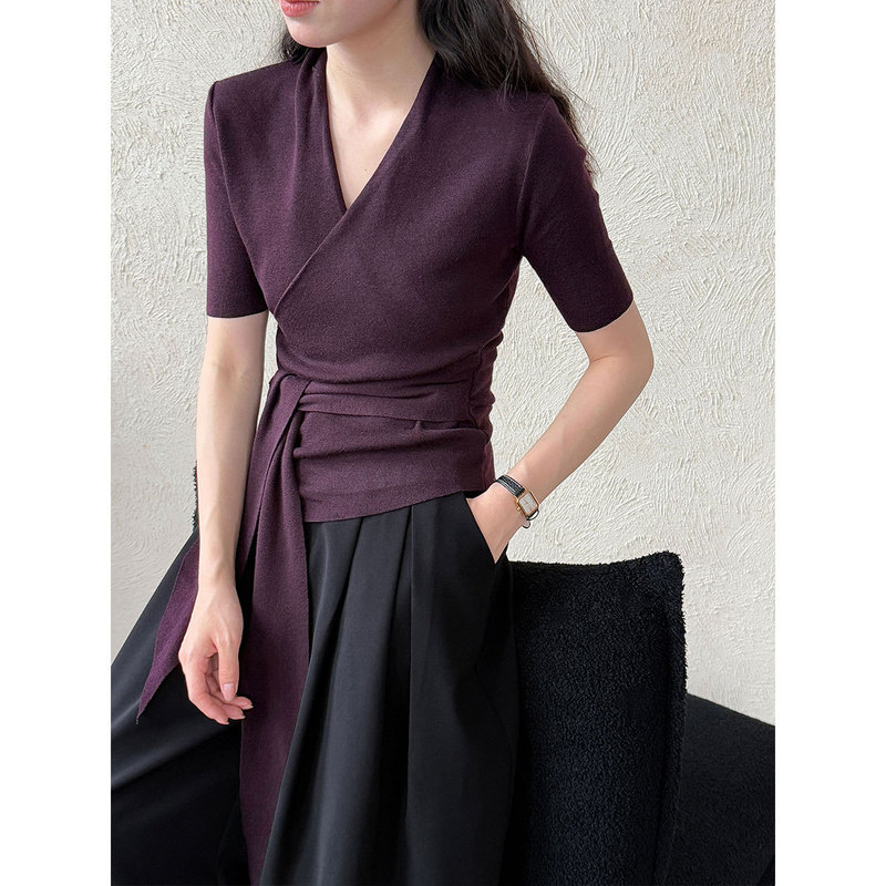 Lushi Irregular Strap Wool Sweater Women's 25 Autumn New Design Waist V-Neck Sweater Ss772