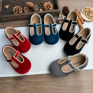South Korea Children's Shoes Girls' Autumn and Winter Velvet Sweet Mary Jane Niche Female Baby Non-slip Soft-soled Single-layer Shoes Red Male