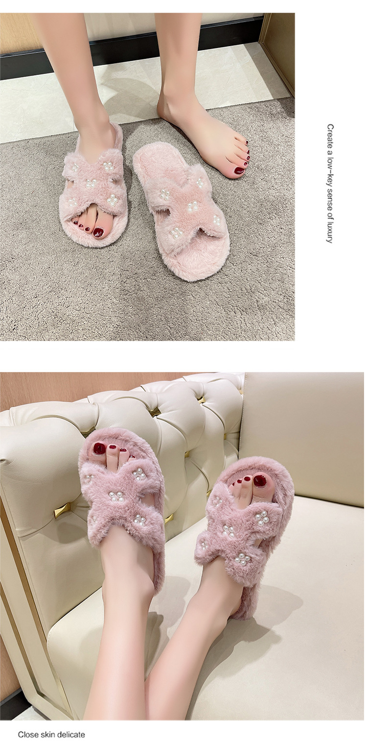 Neue pelzige Hausschuhe Damen einfache hohle Perle Wort Home Plüsch Schuhe Boden Großhandel Amazon_voghion.com