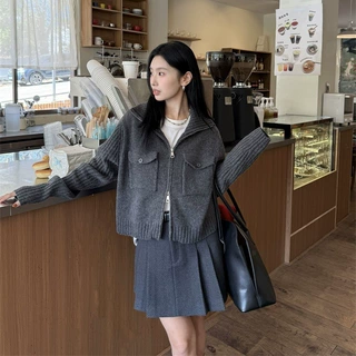 DIGM秋冬ins风韩系慵懒双拉链翻领软糯羊毛开衫毛衣外套女81016