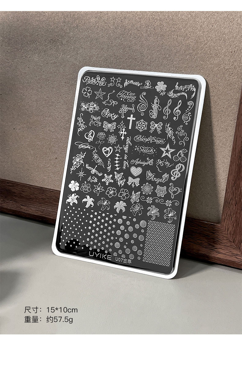 New vintage-style nail art stamping plates featuring musical notes, lilies, polka dots, and crosses – wholesale retro pattern transfer plates
