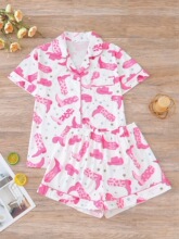 P 50831 Printed Collar Short Sleeve Short Pants Set ӡ������