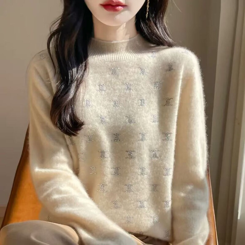 Non-Wool Sweater Women's Autumn and Winter Rhinting Double C Knitted Sweater Loose Wool Base Shirt Long-sleeved Pullover Sweater Women's Korean