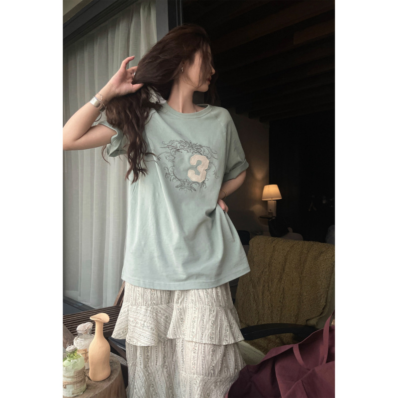 Jmwomen "Bean Green Evening Breeze" Lake Green Retro Patchwork Short-Sleeve T-Shirt for Women, Summer Pure Cotton with a Cool Feel # 5111J