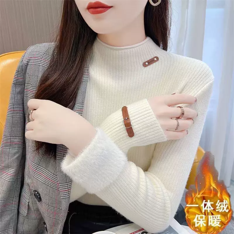半高领一体绒打底衫2024秋冬季跨境新款加绒毛衣纯色内搭针织衫女