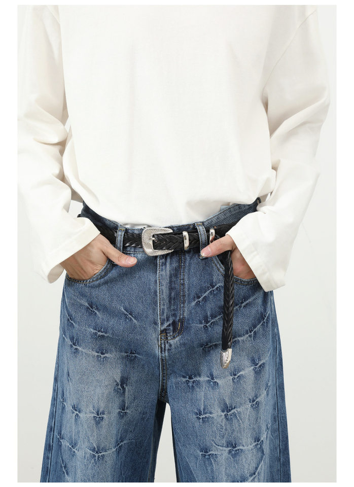 Quần jeans nam dáng rộng ống thẳng họa tiết sét chất liệu washed phong cách đường phố — màu xanh, màu xám đen chi tiết 15