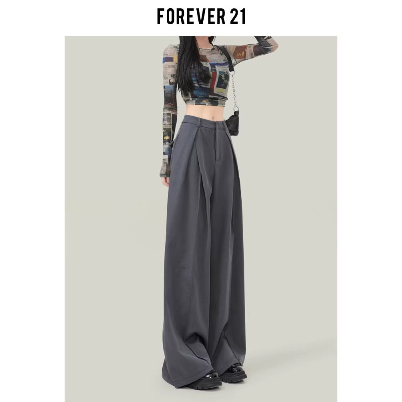 Forever 21 Gray Women's Suit Pants Summer Drapey Slim Straight-Leg Pants Petite High-Waisted Wide-Leg Casual Pants