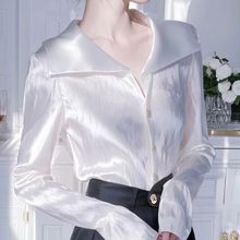 缎面雪纺衫长袖柔软蕾丝上衣薄款女士好看女装衬衫领开衫白色气质