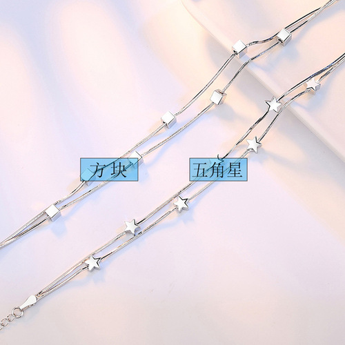 Fashionable love window magic square silver bracelet for women, Korean version of sweet double snake bone chain five-pointed star bracelet, hand jewelry