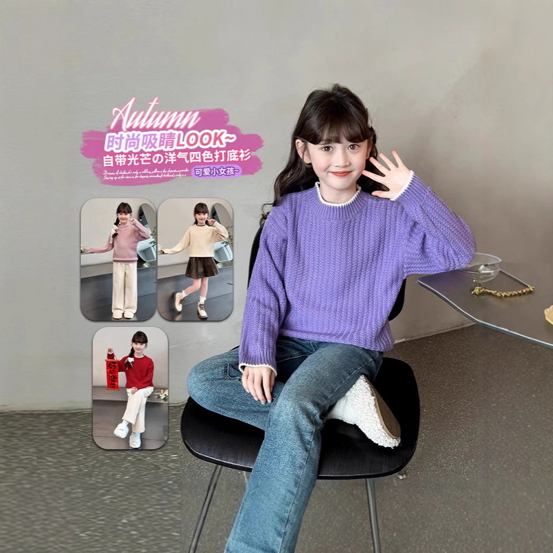 Girls' Sweater 2024 New Stylish Pullover Knitted Half-turtleneck Fashionable Stylish Sweater Children's Base Shirt Top