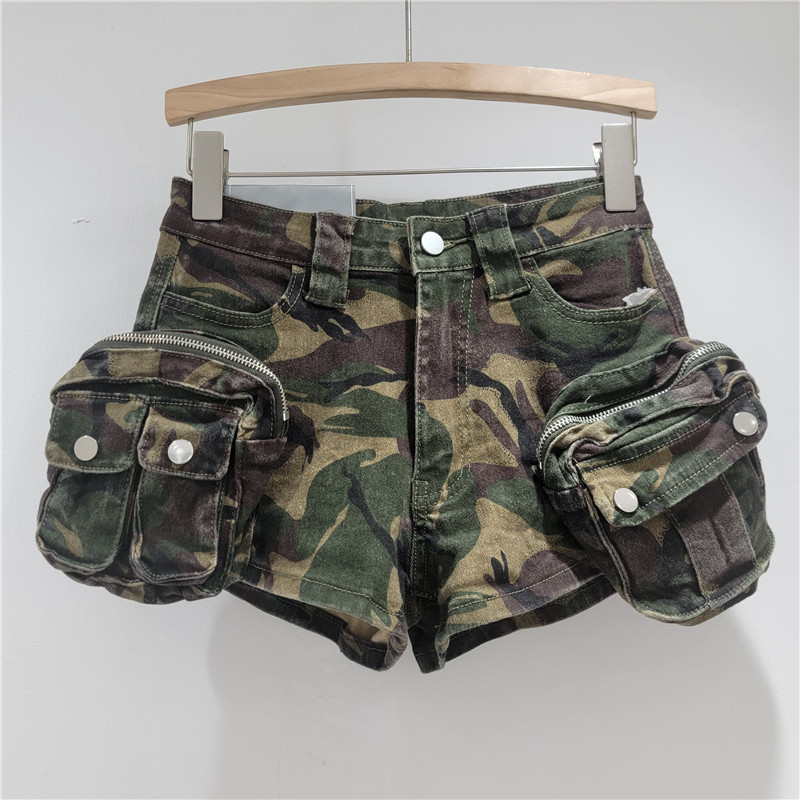 Pantalones Cortos de Cargo de Camuflaje con Bolsillos Tridimensionales de Mezclilla de Poliéster