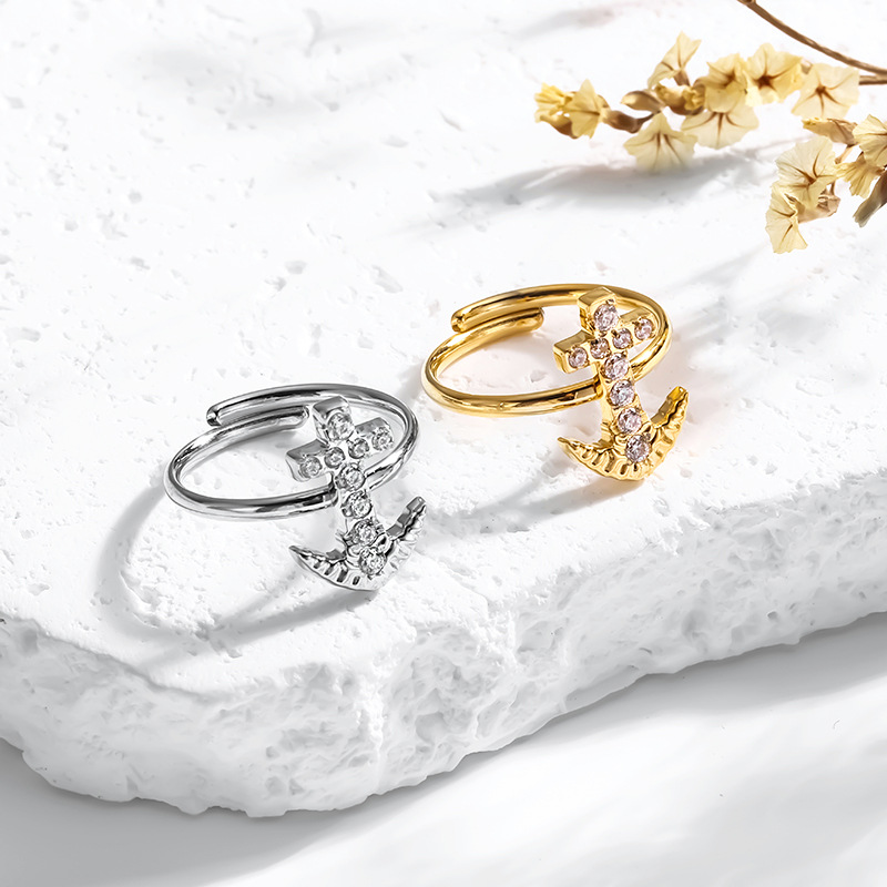 Großhandel Schmuck Ferien Einfacher Stil Anker Titan Stahl Zirkon Inlay Offener Ring display picture 1