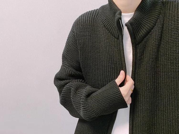 Unisex Zip-front Knit Cardigan With Stand Collar, Oversized Fit_voghion.com