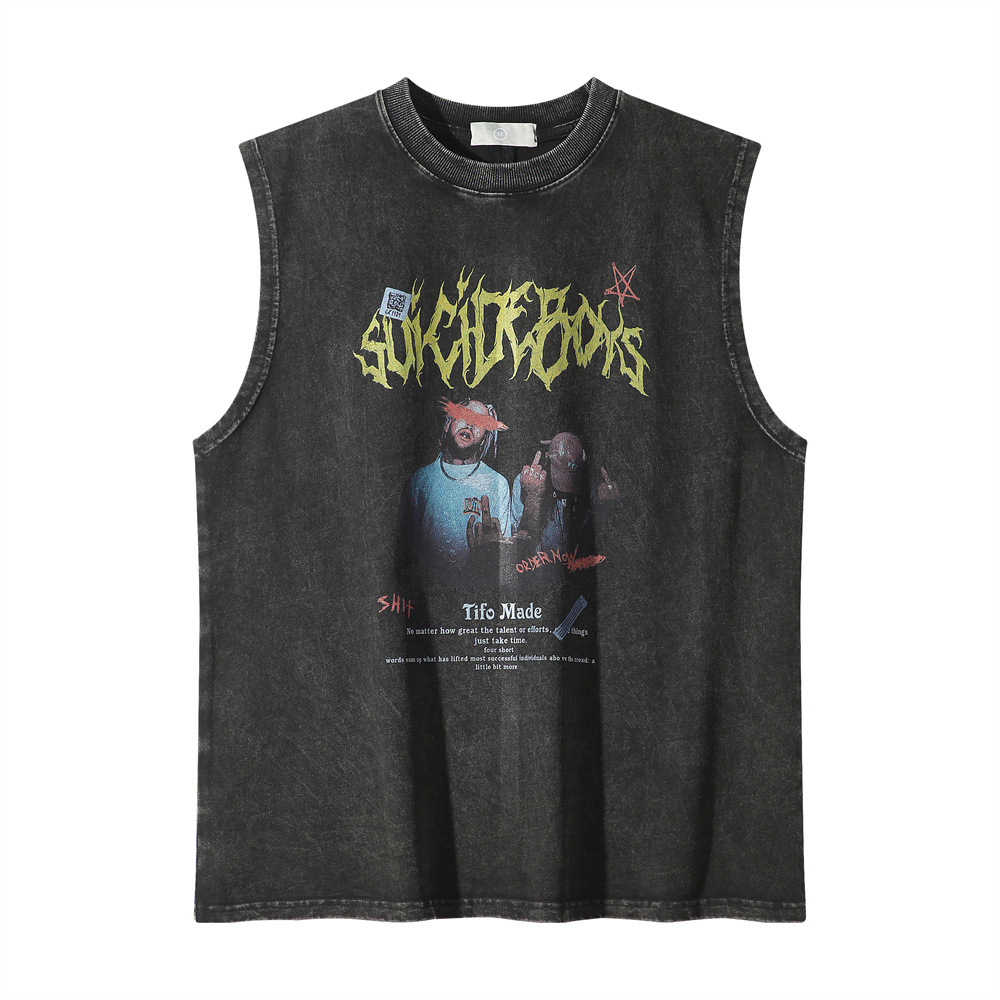 Hippie American Character Print Loose Round Neck Vest Men's Summer Washed Old Casual Sleeveless Waistcoat T-shirt