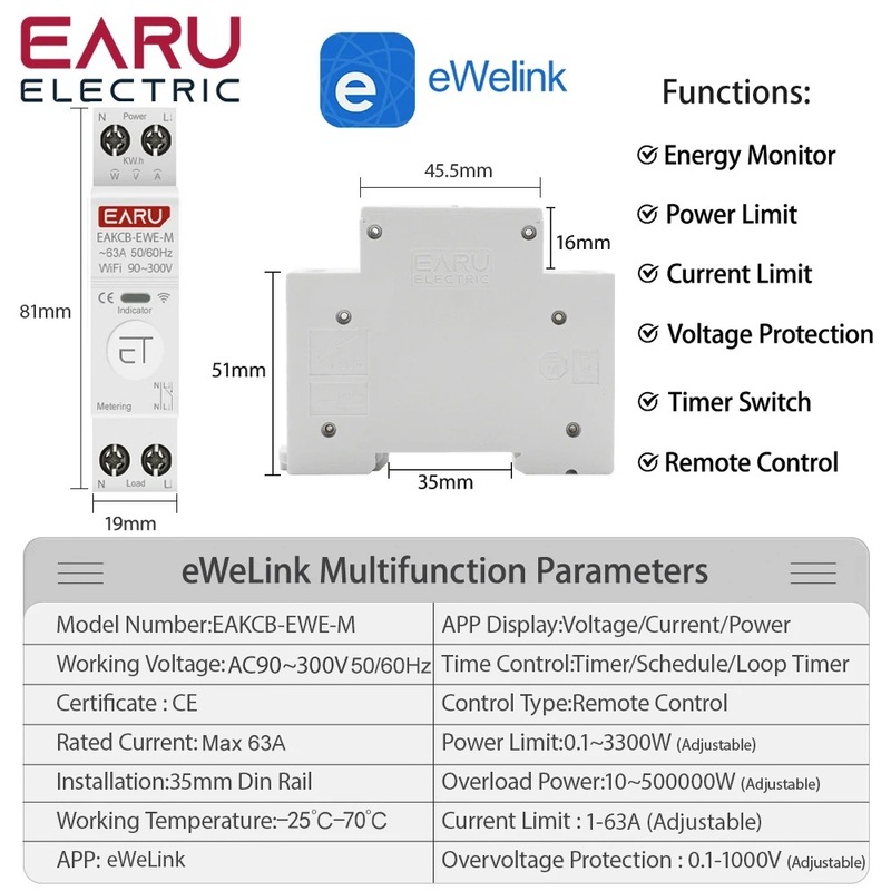 WIFI Tuya スマートサーキットブレーカー過電流および不足電圧保護電力量計 1-63A (調整可能) ワイヤレスリモート|undefined