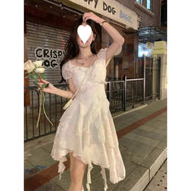 W3T茶歇法式初恋白色不规则连衣裙女2025夏超仙海边度假公主裙小