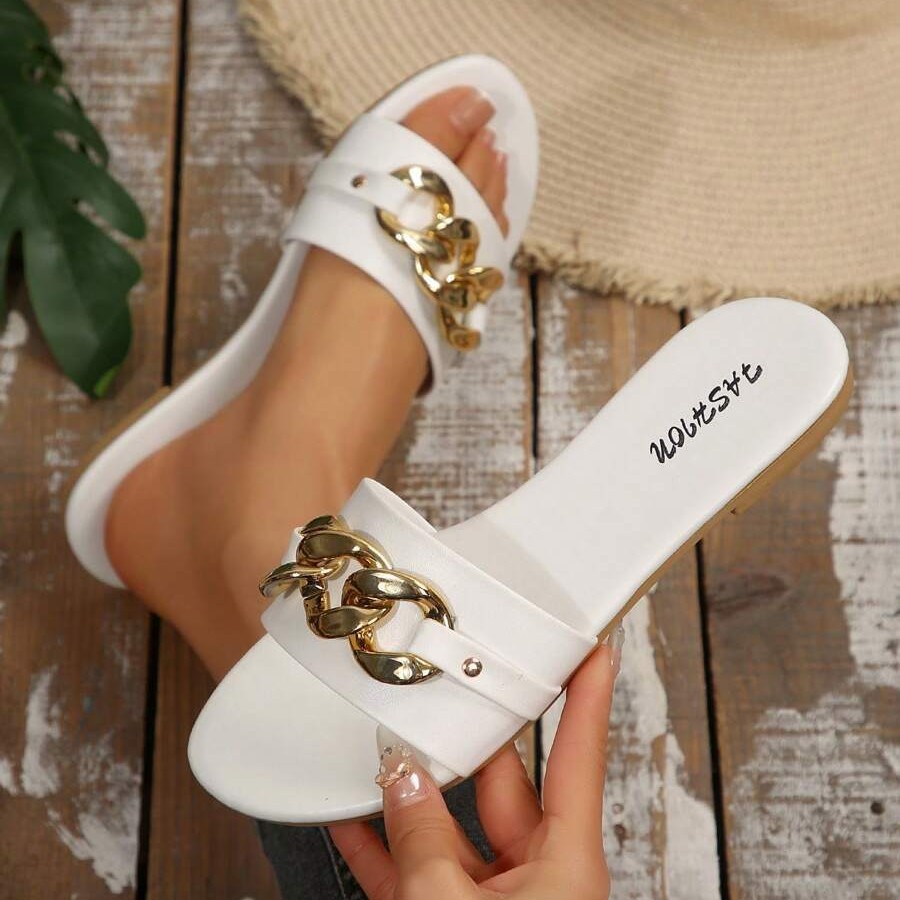 Zapatos de mujer transfronterizos zapatillas de moda de mujer color sólido decoración de metal cuadrado simple confort simple color sólido