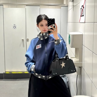 外贸美式复古撞色拼接开衫卫衣女秋季设计感宽松立领运动外套潮流