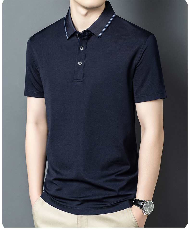 Áo polo nam tay ngắn cổ bẻ cao cấp chất lụa tơ tằm mềm mại — Màu xanh đậm W-81 chi tiết 7