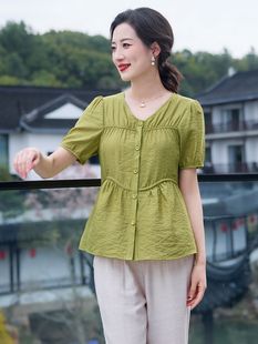 Qianbai Yilian 2025 New Summer High-End Loose Large Size Slim Short-Sleeved V Neck Shirt for Middle-Aged and Elderly Women