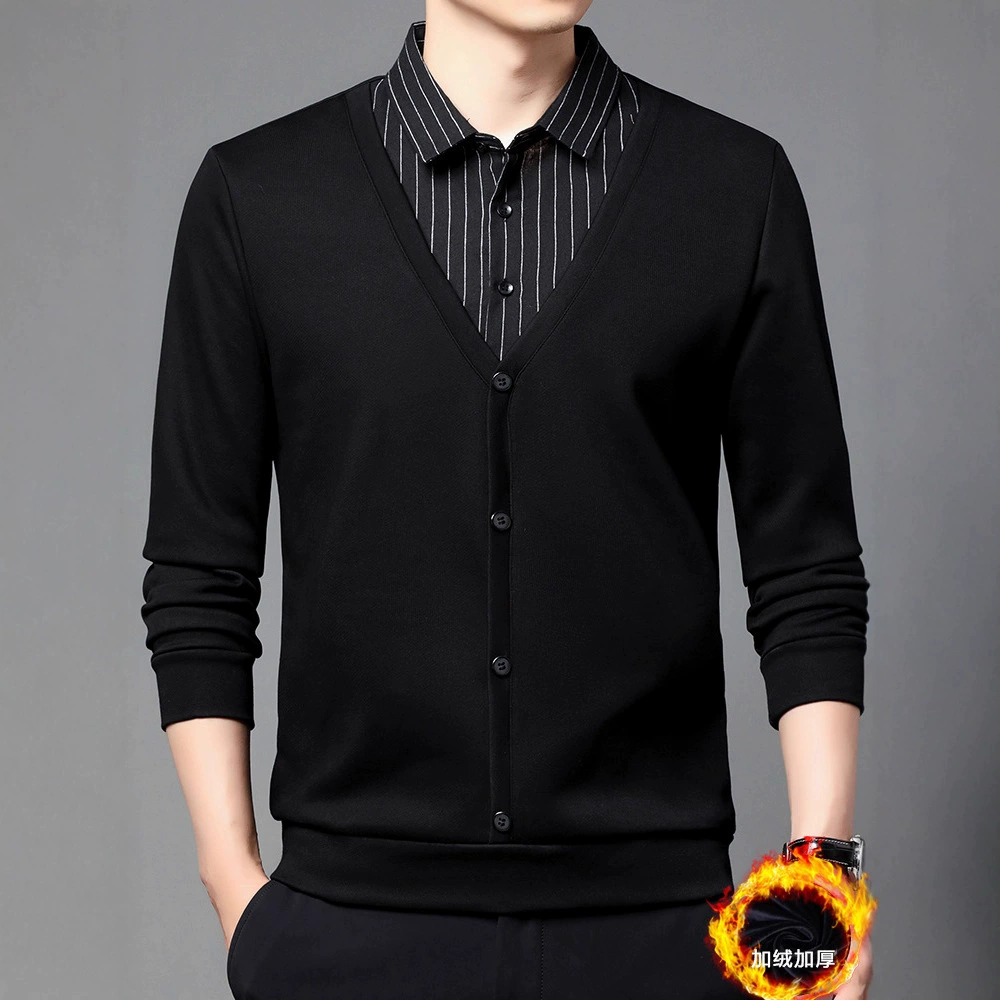 Плюс бархатные поддельные две футболки мужской зимний полосатый рубашка воротник весна и осень папа теплый повседневный трикотаж