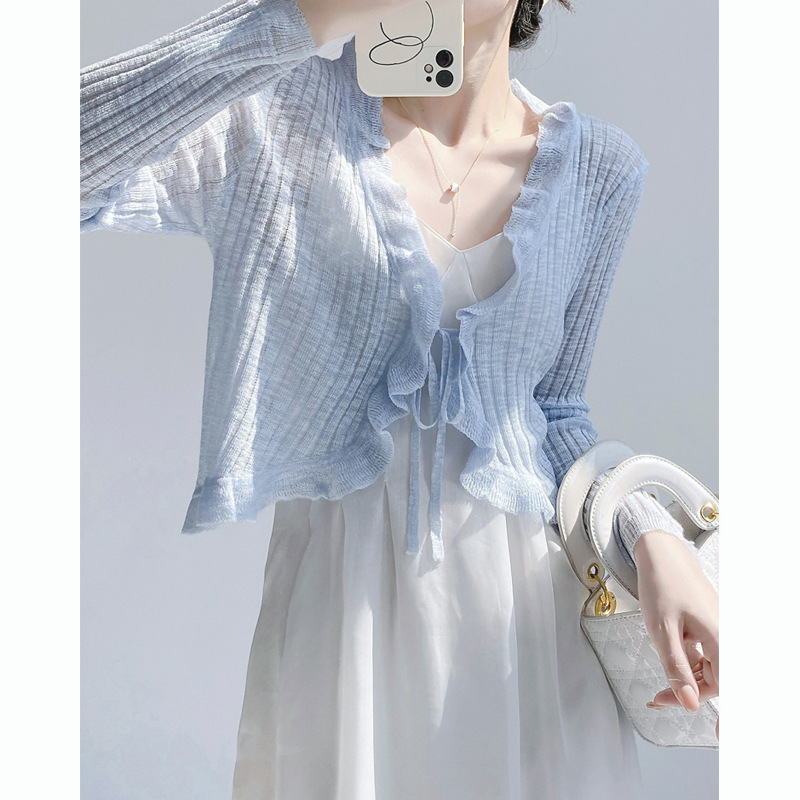 Blue Ruffled Knitted Cardigan Women's Spring Ice Silk Thin Outer Strap Skirt Sunscreen Shirt Coat Top
