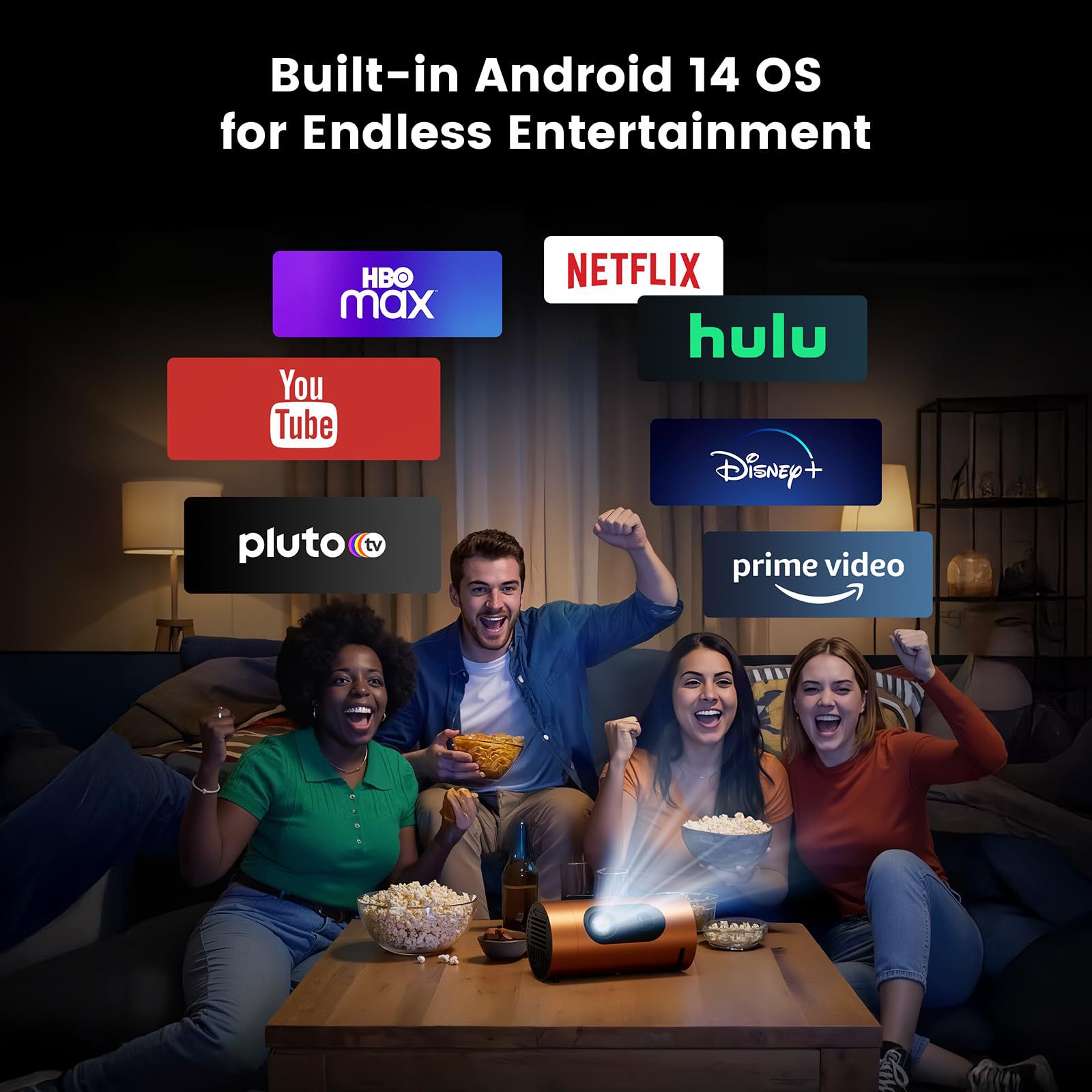 Portable Projector Built-in Apps & Android 14 OS, 1080P FHD
