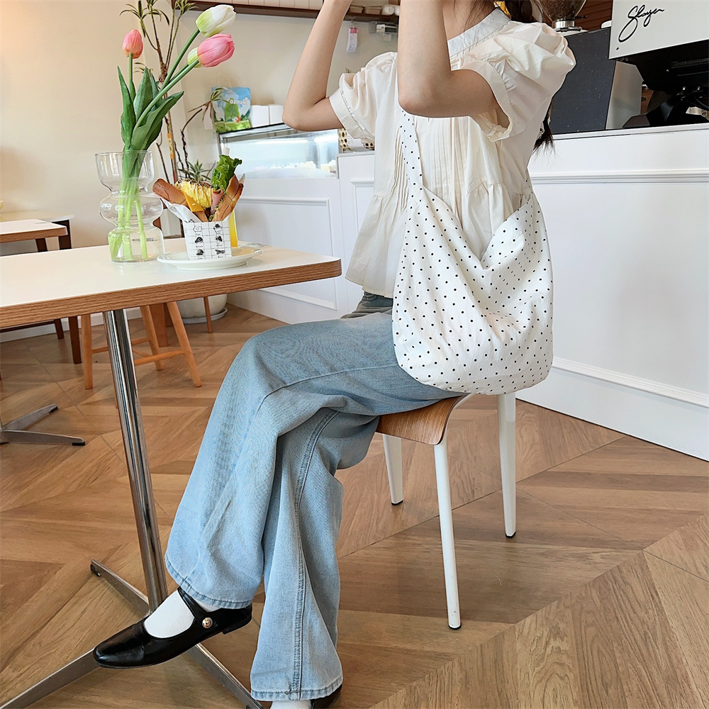 90g Weight Poplin Lining Material 19695304699 Fashion Element Open Closure Type Double Shoulder Straps Strap Type Tote Bag Bags Type Travel, Daily Occasion Canvas Material Round Dots Pattern All Seasons, Spring&Summer Season Women's Gender Streetwear Style Square Shape Medium Size 45262 New Polka Dot Canvas Bag Women's Large Capacity Bag College Students Class Canvas Bag Special-Interest Shoulder Bag 13