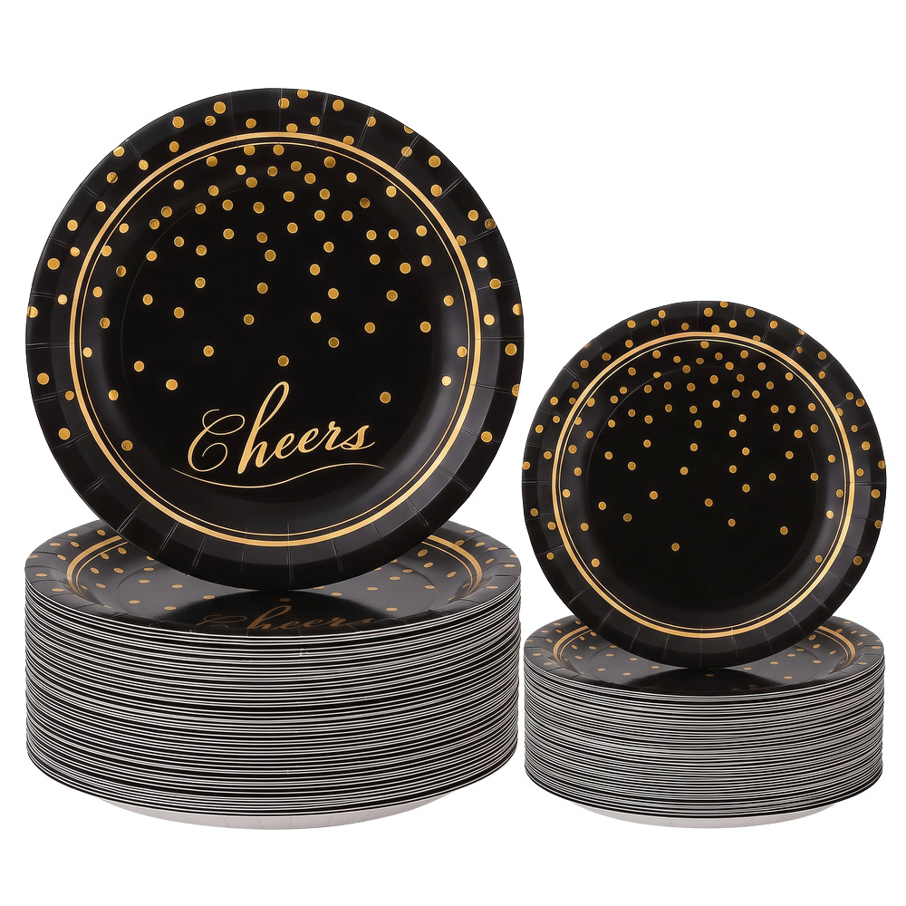 Black and Gold Foil Cheers Paper Plates, Gold Polka Dot Disposable Dinner Plates for Adult New Year's Eve Party Celebrations