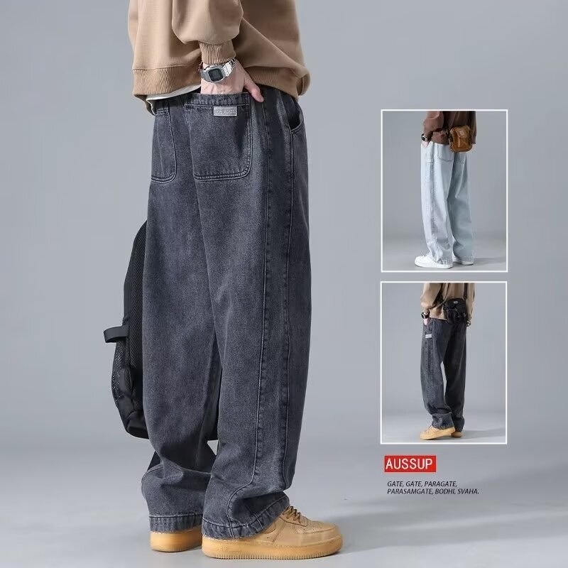 light blue Jeans Men's Spring and Autumn Drawstring Loose Waist Straight Pants American Style High Street Vibe Style Pants light blue Jeans Men's Spring and Autumn Drawstring Loose Waist Straight Pants American Style High Street Vibe Style Pants