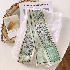 韓国の緑の新鮮な花柄のシルクスカーフヘッドバンド女性用、細くて狭い新しいスタイルの編み込みヘアアクセサリー、ハイエンドのバッグリボンベルト