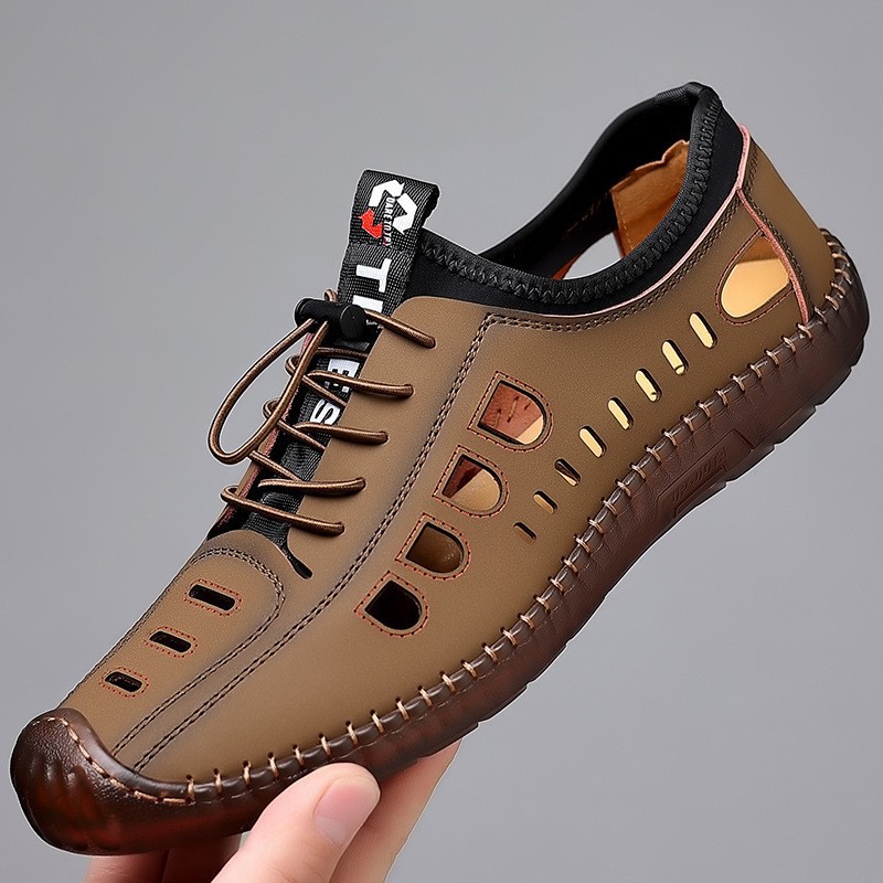 Sandalias perforadas de verano para hombre con suela de tendón de res, resistentes al desgaste, antideslizantes, modernas, versátiles, mocasines casuales sin cordones para hombre.