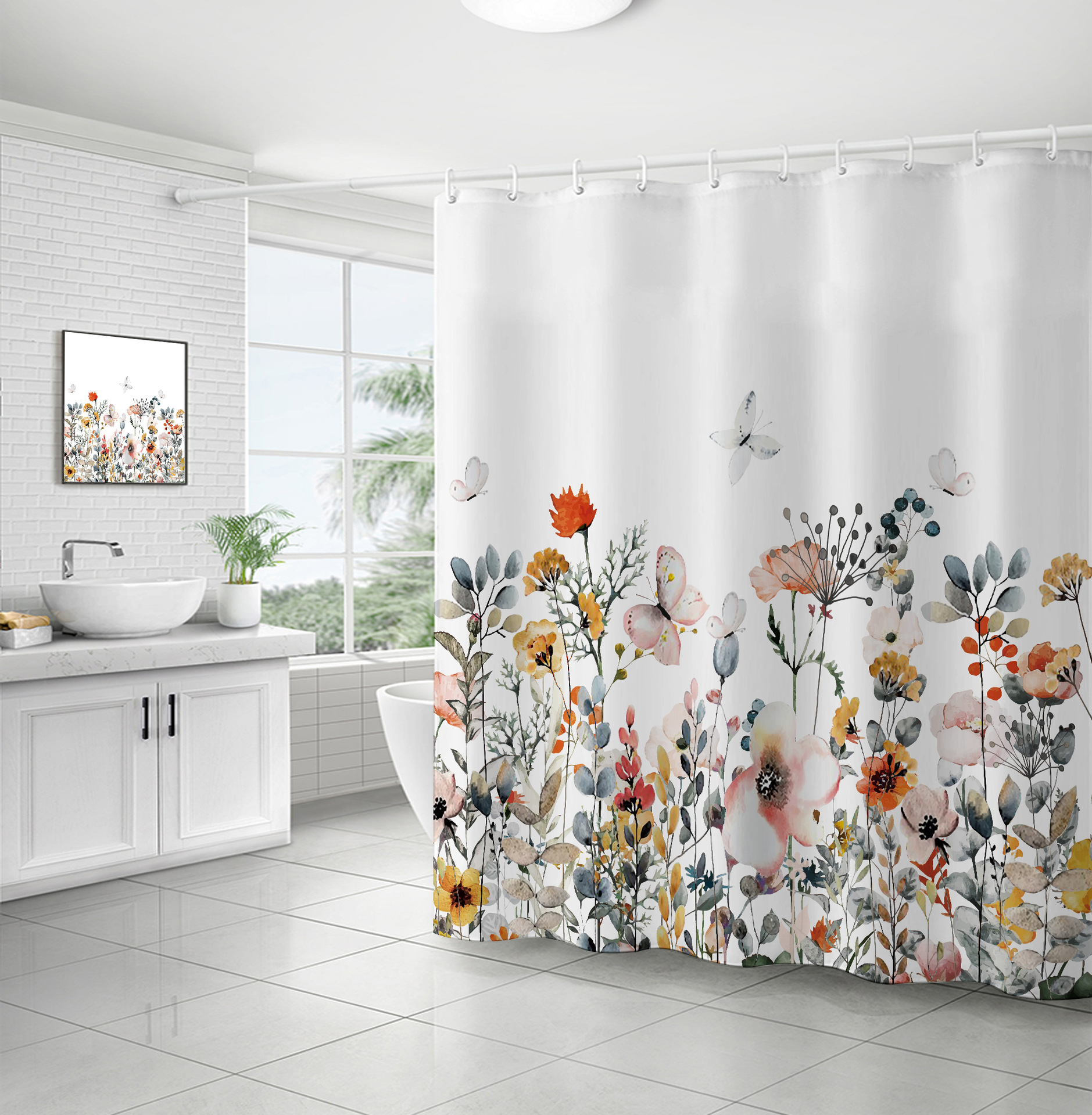 Retro Pastoral Flower Polyester Composite Needle Punched Cotton Shower Curtain display picture 6