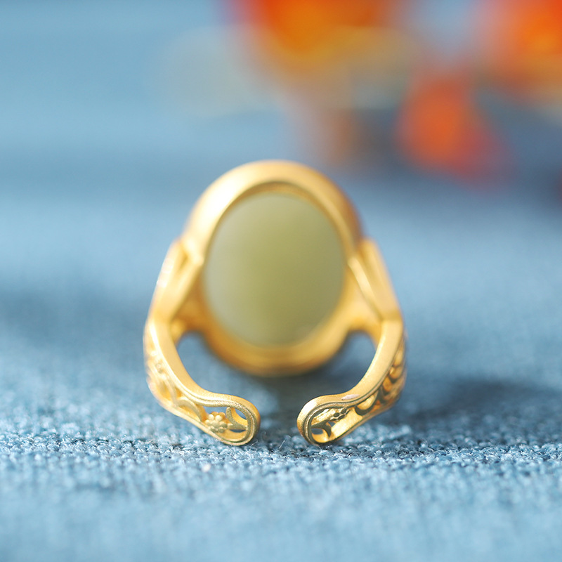s925 silver gold-plated Hetian jade egg face auspicious cloud texture open ring